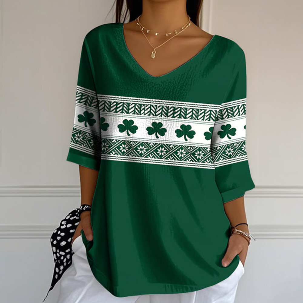 Shamrock Art Saint Patrick's Day V-Neck Long Sleeve Shirt Pats Day Clothing Line