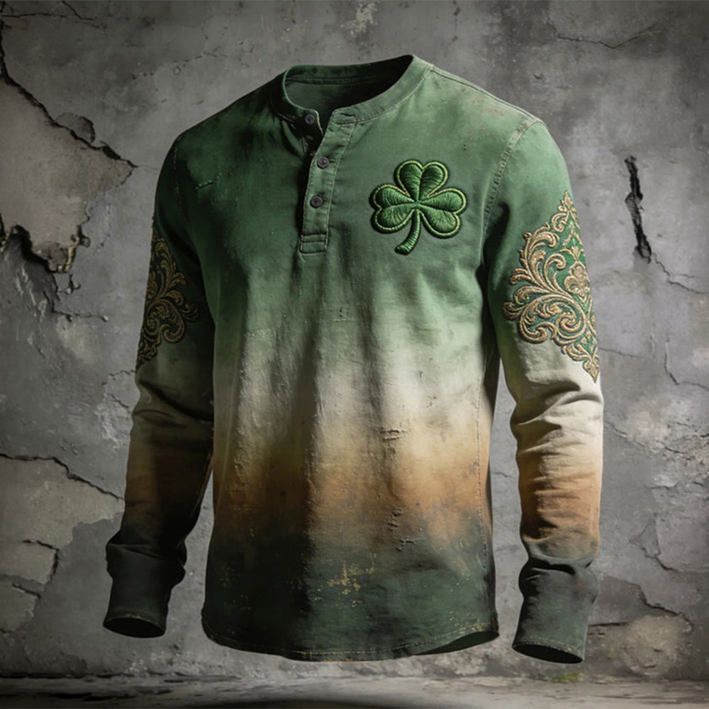Shamrock Art Vinatge Button Long Sleeve Shirt Saint Patrick's Day Outfit Gift For Men