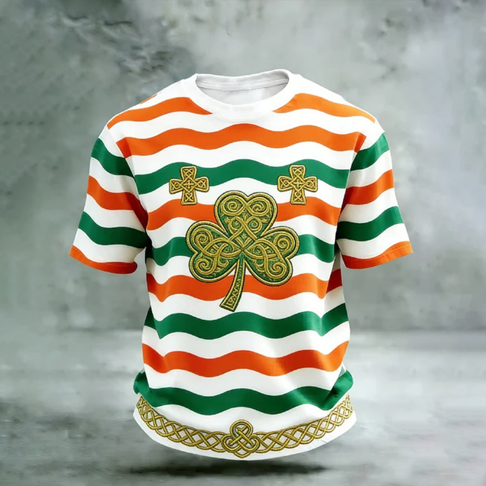 Shamrock Celtic Cross Graphic Tricolor T-Shirt St Patrick's Day Clothes Best Gift For Husband