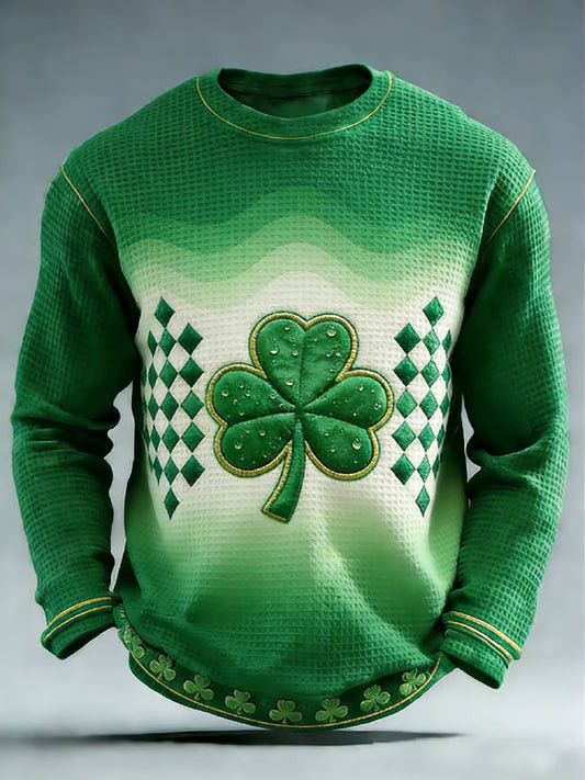 Shamrock Checkered Waffle Long Sleeve Shirt St Patricks Day Outfit Irish Gift Best Holiday Shirt