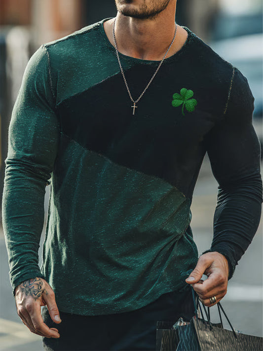 Shamrock Colorblock Long Sleeve Shirt St Patricks Day Outfit Irish Lucky Gift For Him