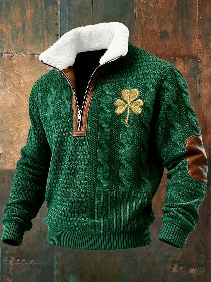Shamrock Irish Saint Patrick's Day Zipper Fur Collar Sweatshirt Irish Good Luck Gifts