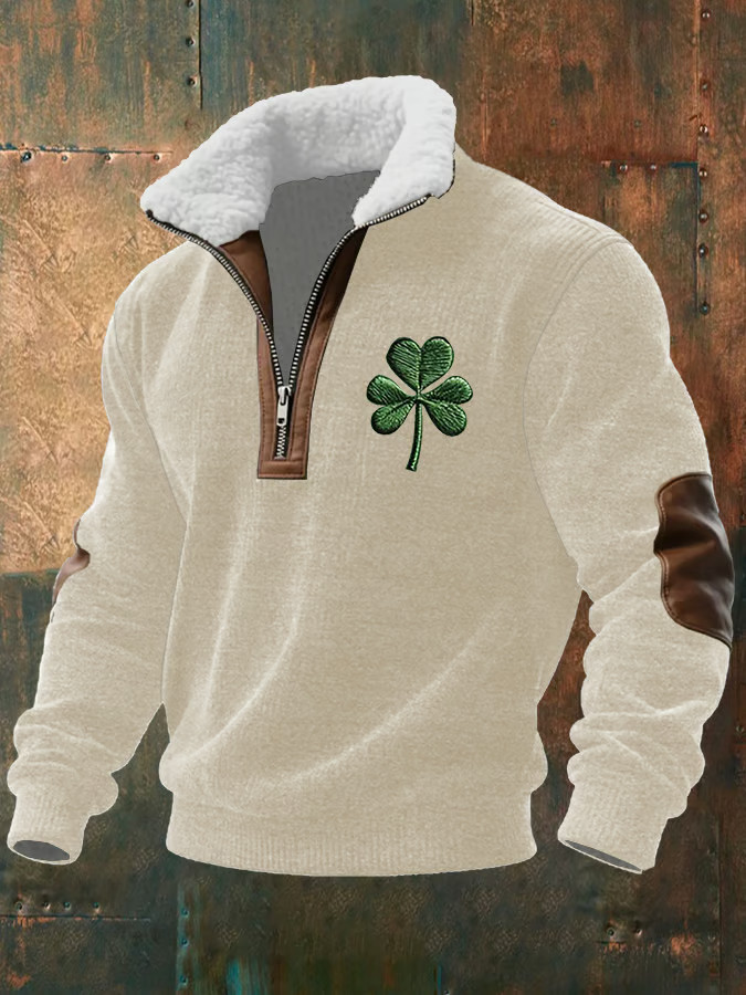 Shamrock Irish Saint Patrick's Day Zipper Fur Collar Sweatshirt Irish Party Gifts