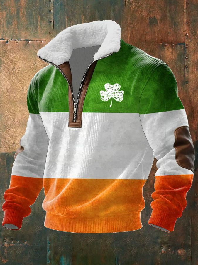 Shamrock Saint Patrick's Day Zipper Fur Collar Sweatshirt Irish Flag Apparel Men's