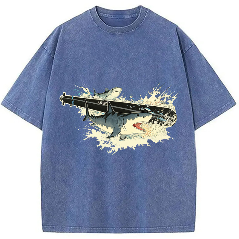 Shark and Submarine Washed T-Shirt Unique Aesthetic Fashion Tee Gifts For Brother