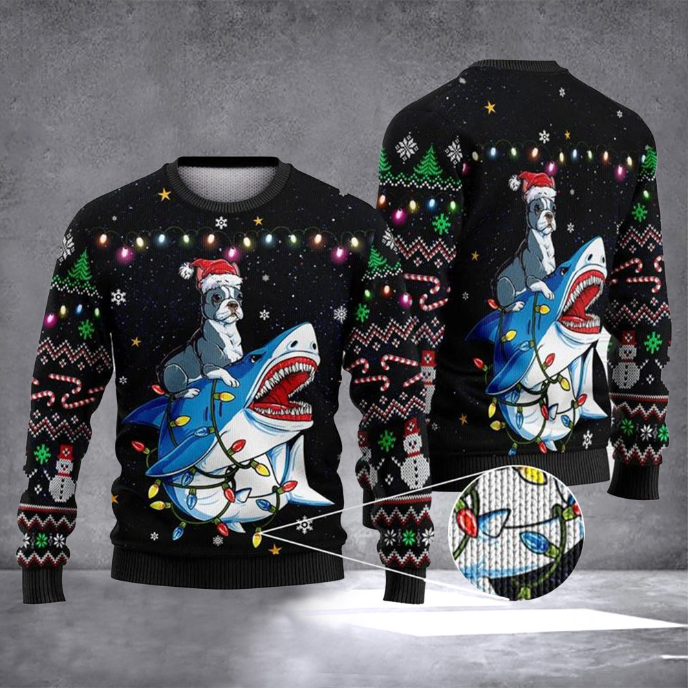 Shark Boston Terrier Ugly Christmas Sweater Funny Christmas Clothing Dog Owners Gift