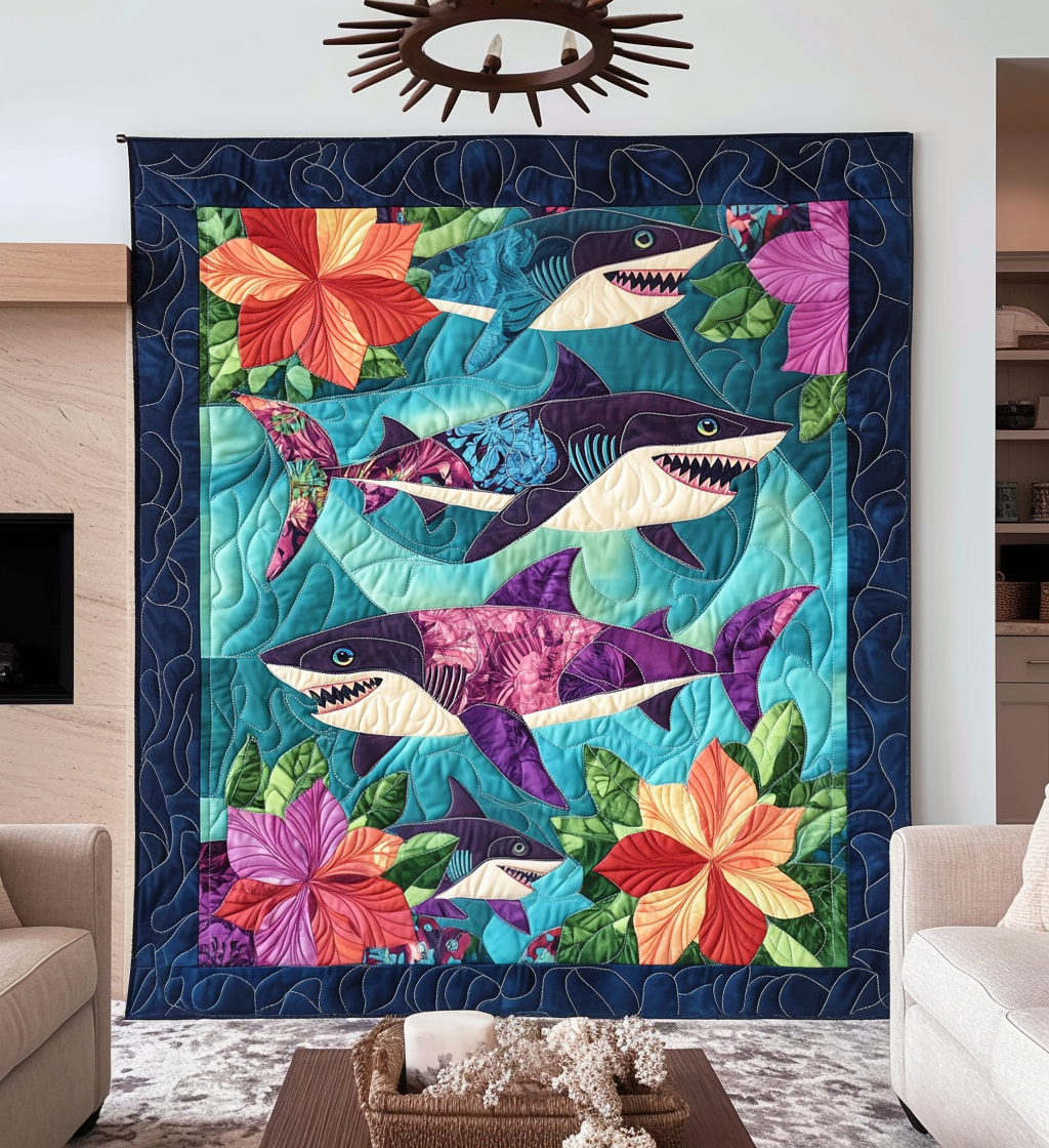 Shark Holiday Quilted Blanket Shark Gifts For Adults