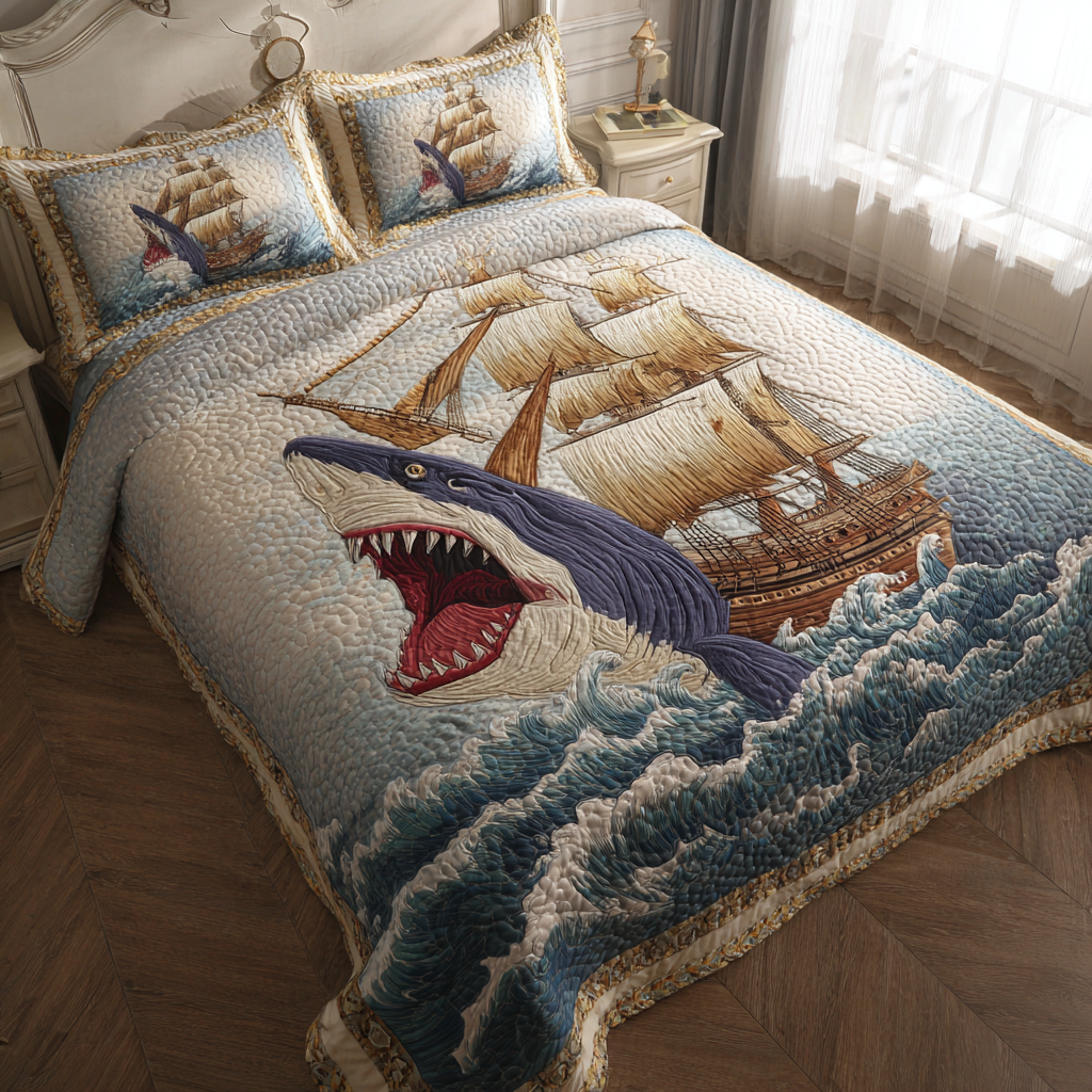Shark Horizon Quilted Bedding Set Best Bed Sheet Set Presents For Shark Lovers