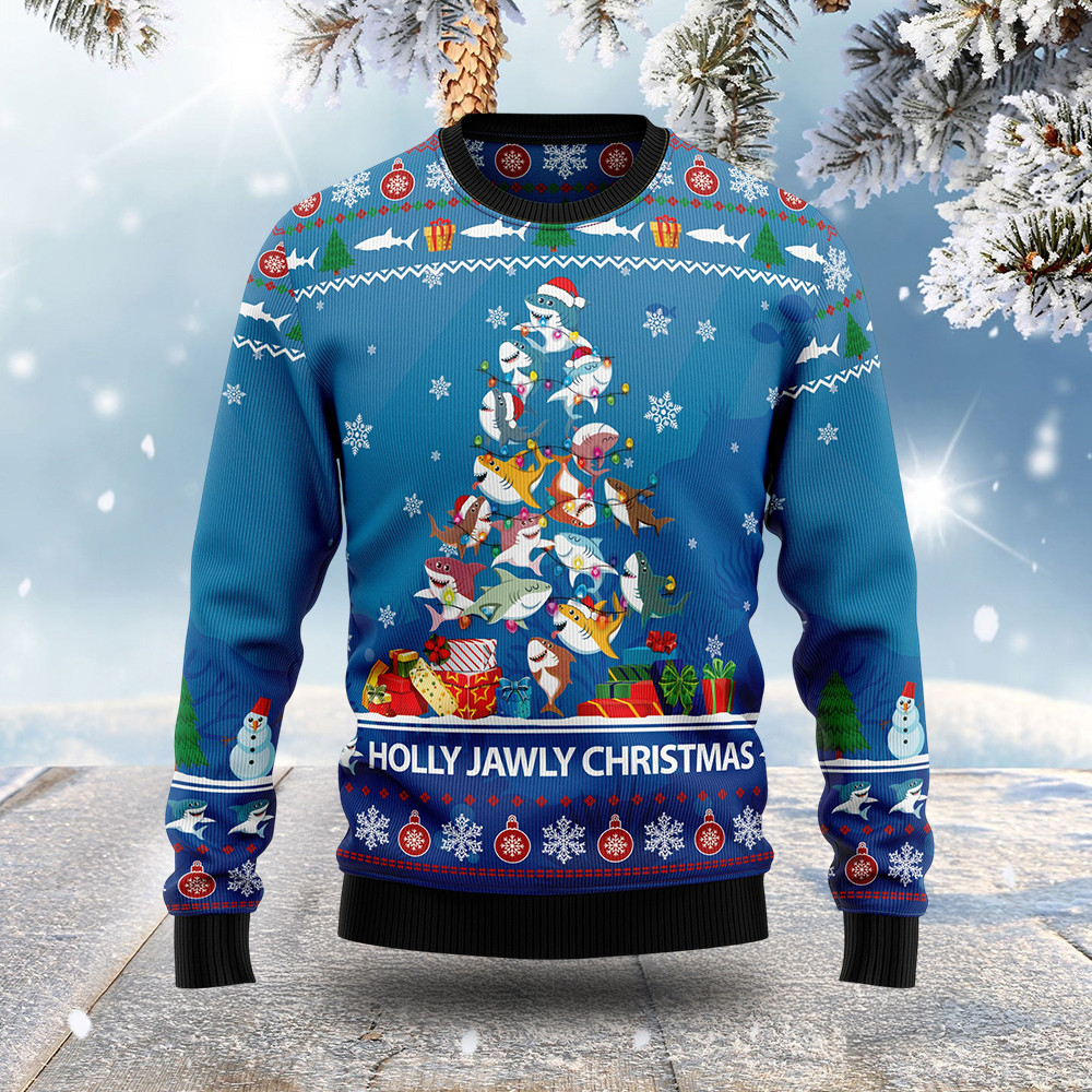 Shark Pine Tree Ugly Christmas Sweater Holly Jawly Christmas Winter Clothes