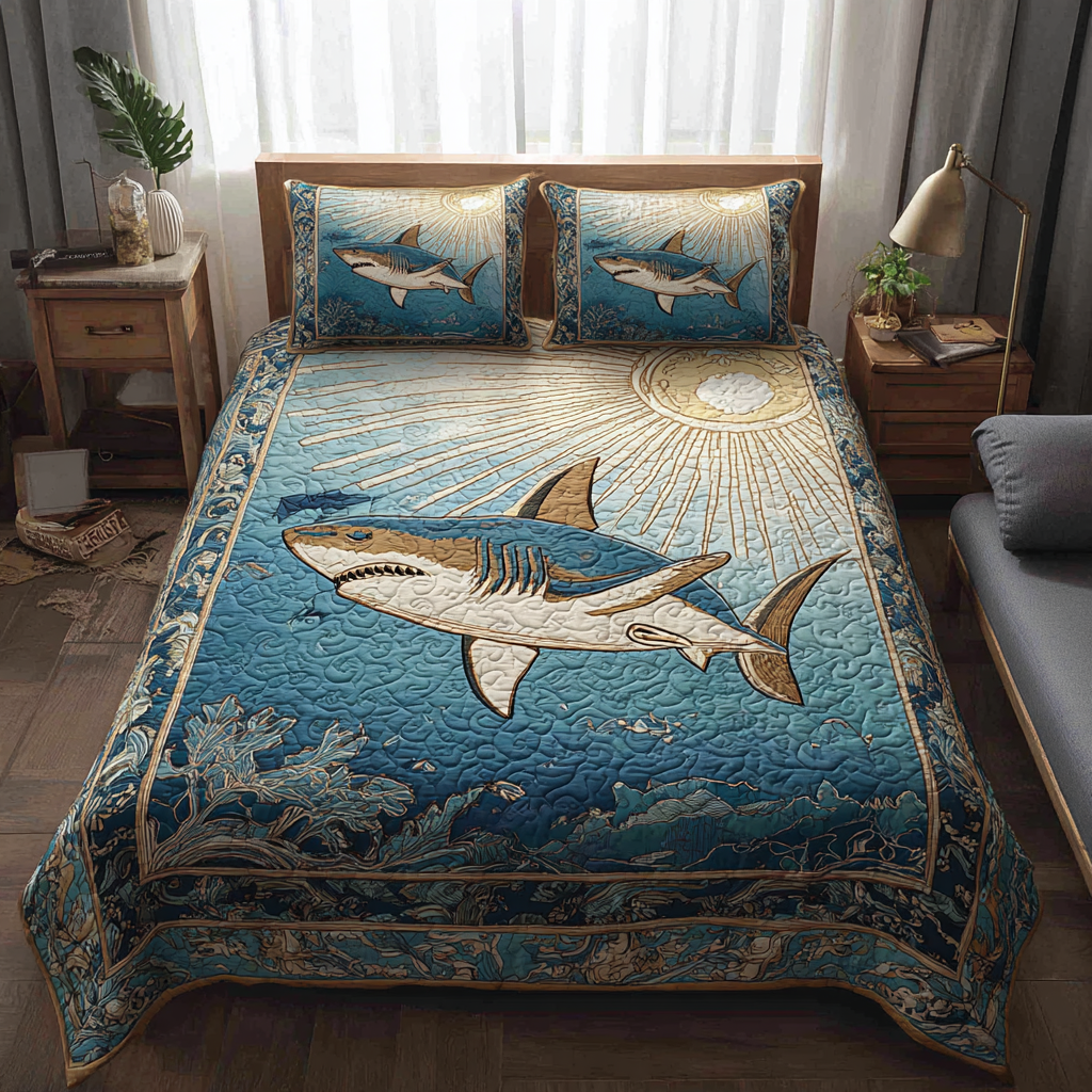 Shark Power Quilted Bedding Set Bedspread Set Shark Birthday Presents