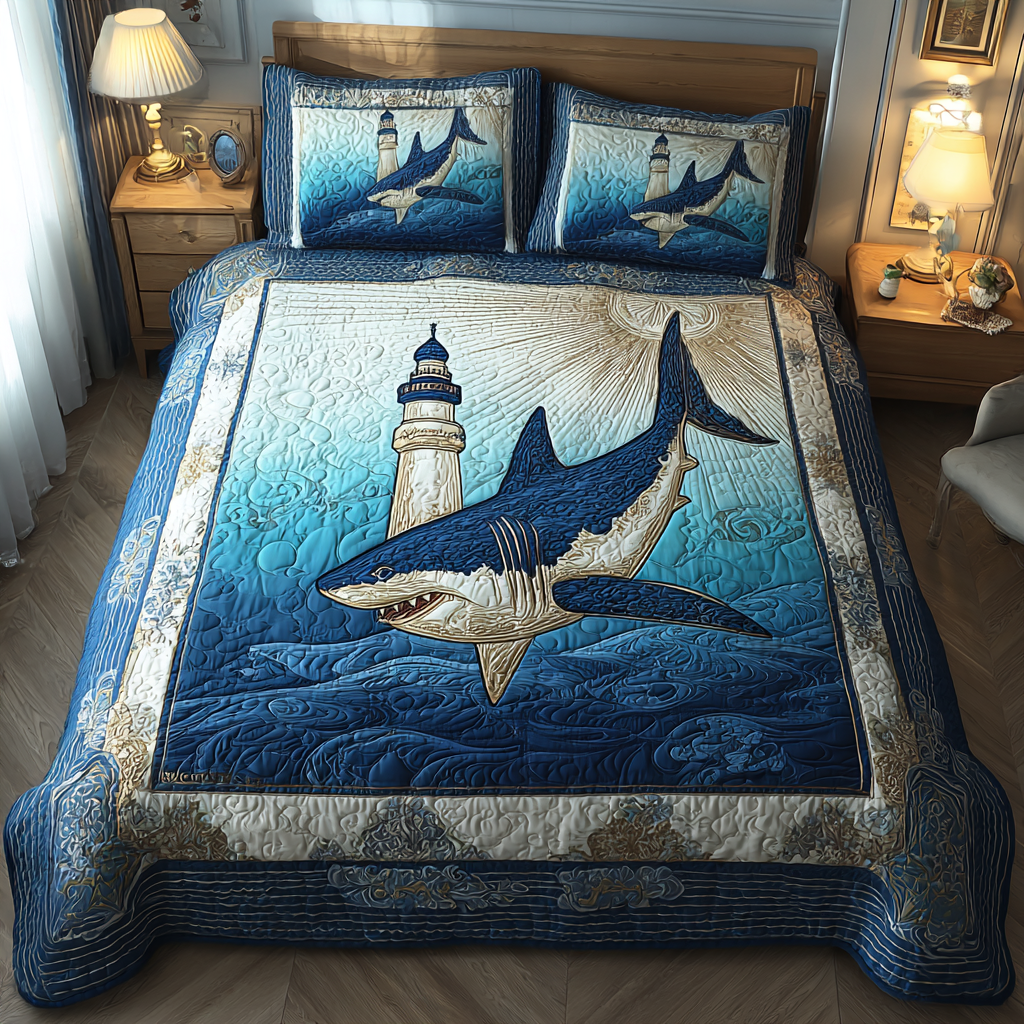 Shark Quest Quilted Bedding Set Duvet Cover Bed Sheet Set Shark Gift Ideas For Adults