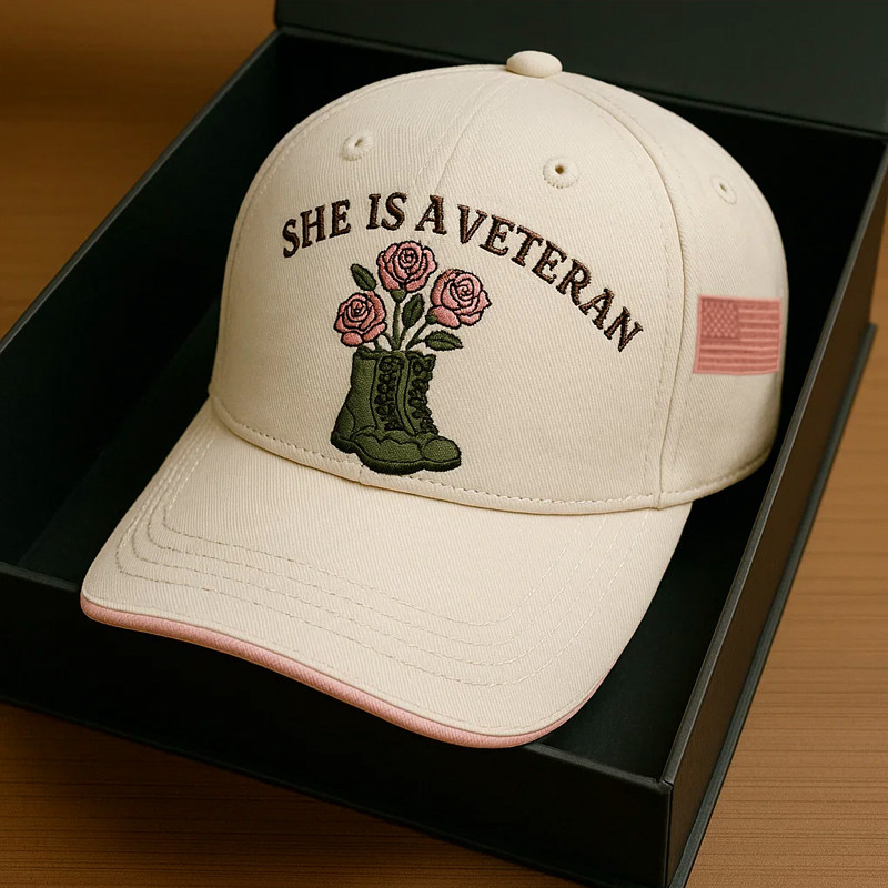 She Is A Veteran Hat American Flag Flower Baseball Cap Patriotic Gifts For Women