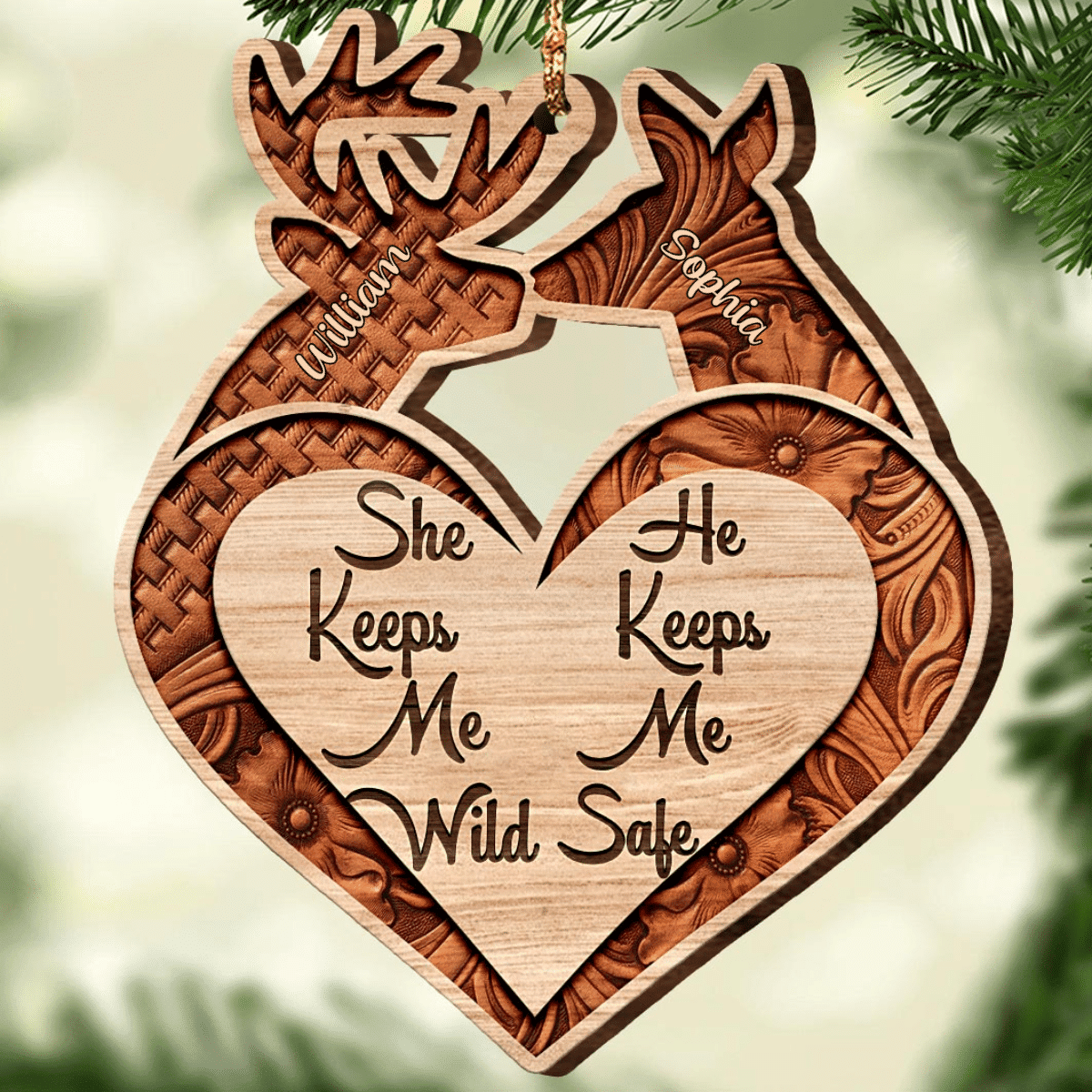 She Keeps Me Wild He Keeps Me Safe Deer Couple Personalized Wooden Ornament