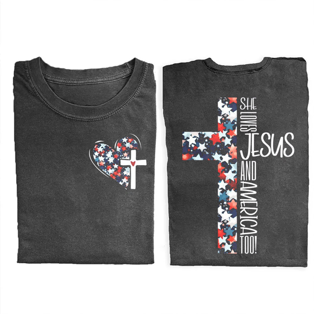 She Loves Jesus And America Too Christian T-Shirt Faith Cross Shirt Christian Gift For Her