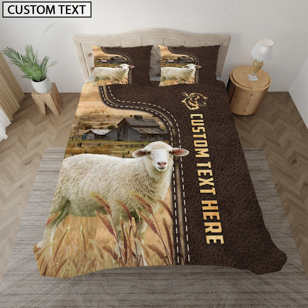 Sheep Custom Text Leather Pattern Bedding Set Farmhouse Bedding Set Couple Gifts