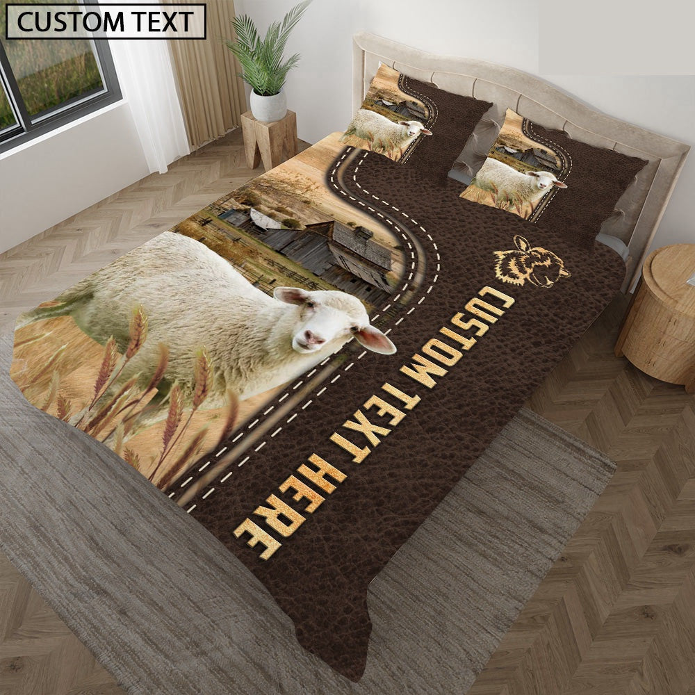 Sheep Custom Text Leather Pattern Bedding Set Farmhouse Bedding Set Couple Gifts
