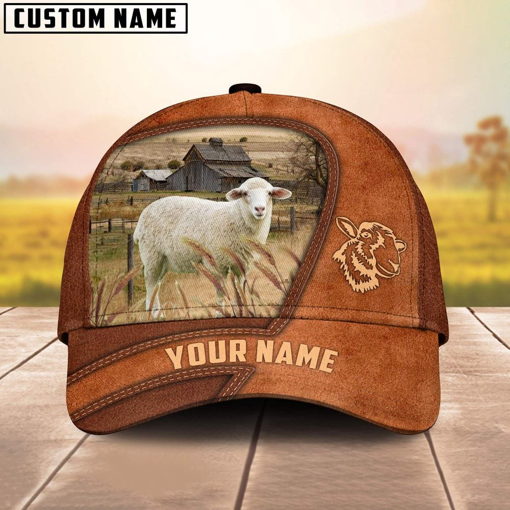 Sheep Customized Name Brown Leather Pattern Cap Farmer Baseball Cap Gift For Farmer