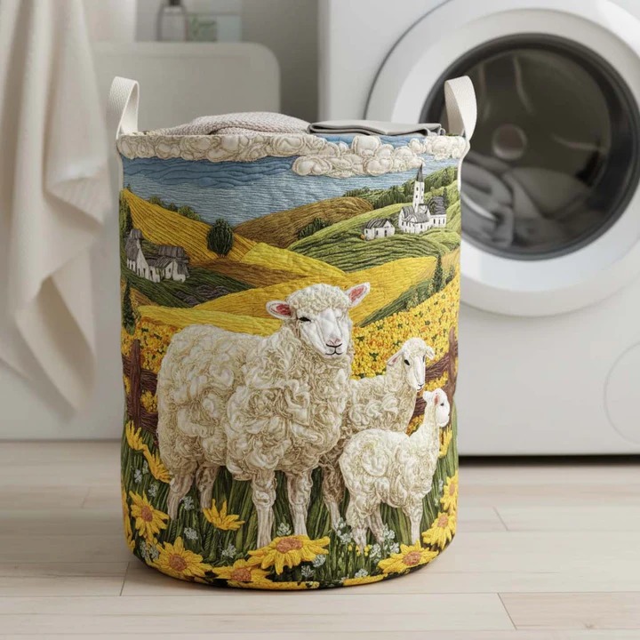 Sheep Family Sunflower Field Quilted Laundry Basket Farmhouse Home Decor Best Gift For Sheep Lovers