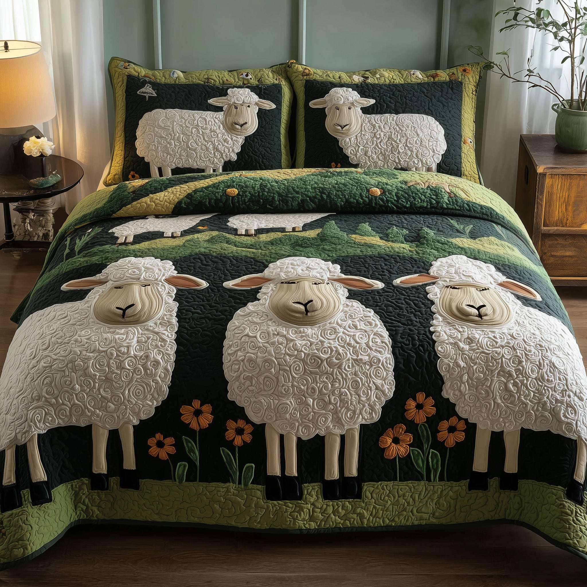 Sheep Haven Quilted Bedding Set For Family