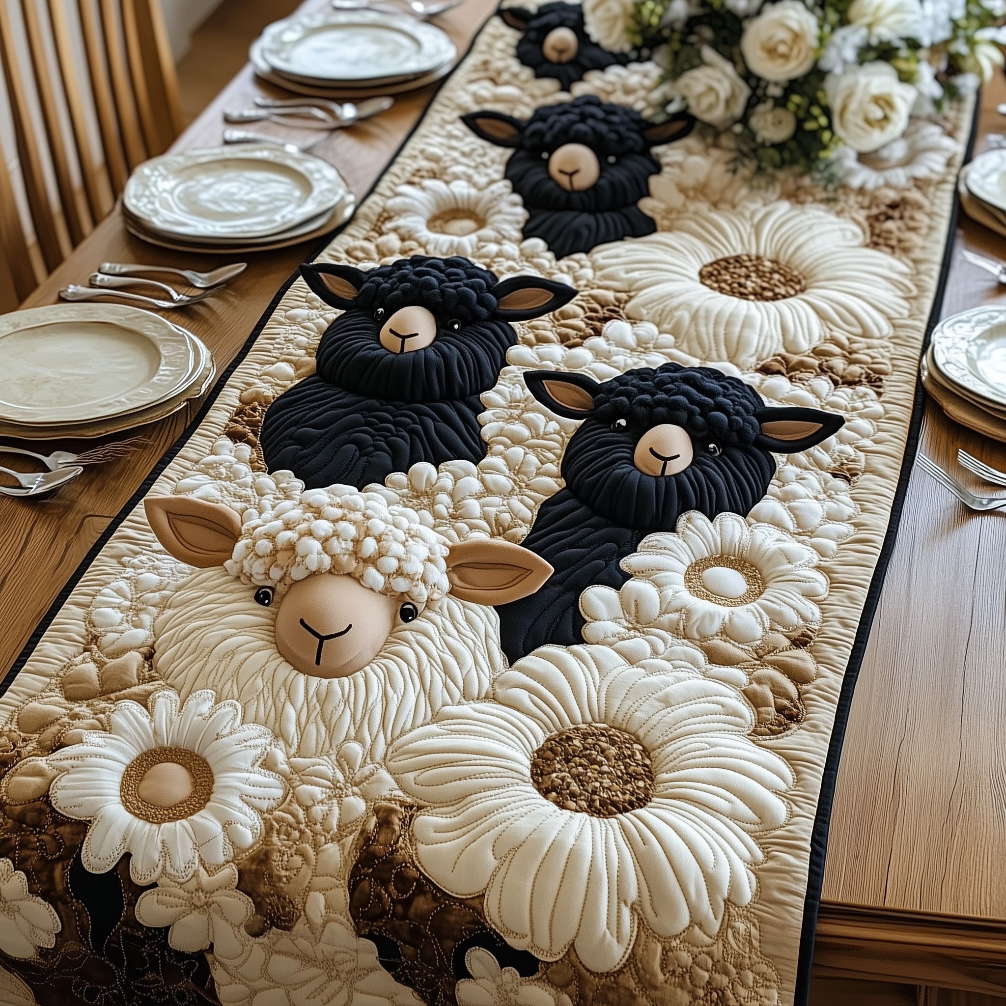 Sheep In Bloom Quilted Table Runner Cozy Christmas Table Runner