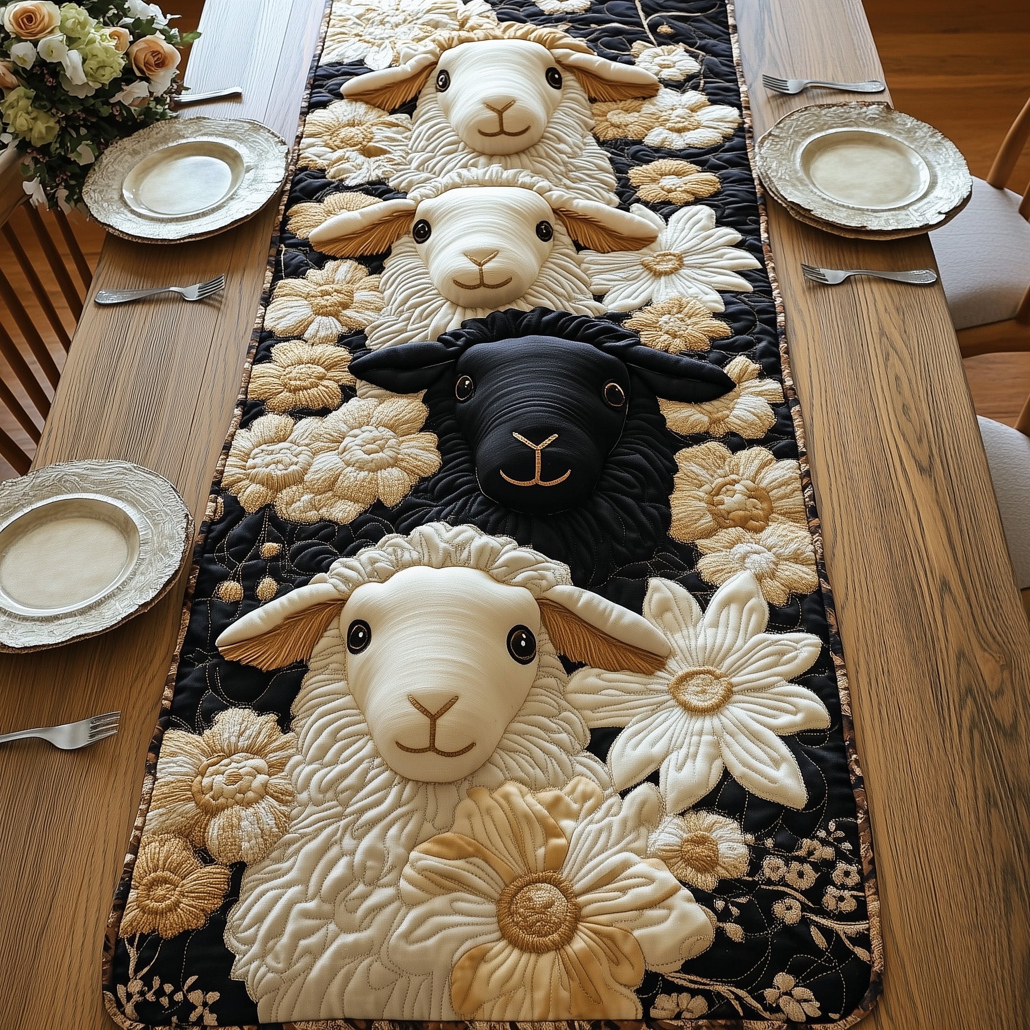 Sheep In Bloom Quilted Table Runner Holiday Table Runner Gift Idea
