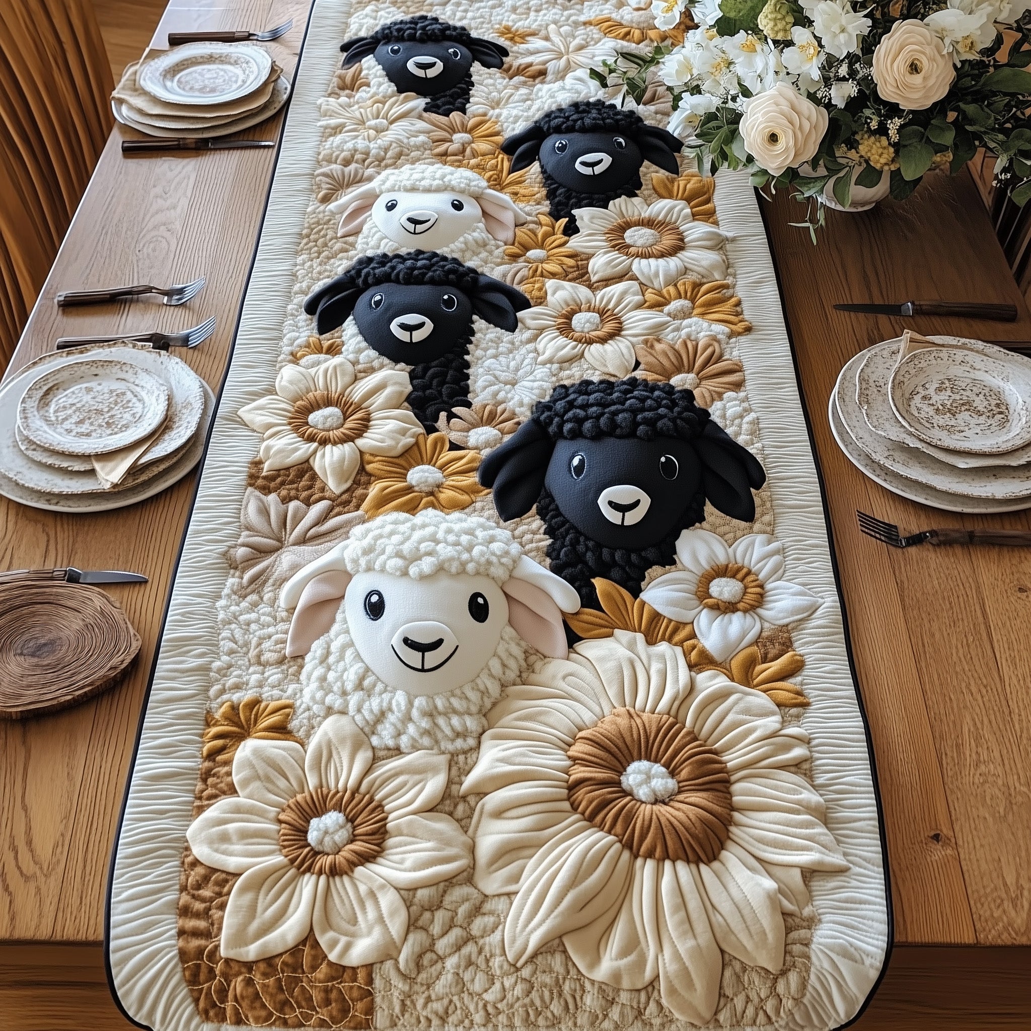 Sheep In Bloom Quilted Table Runner Table Runner for Christmas Decor