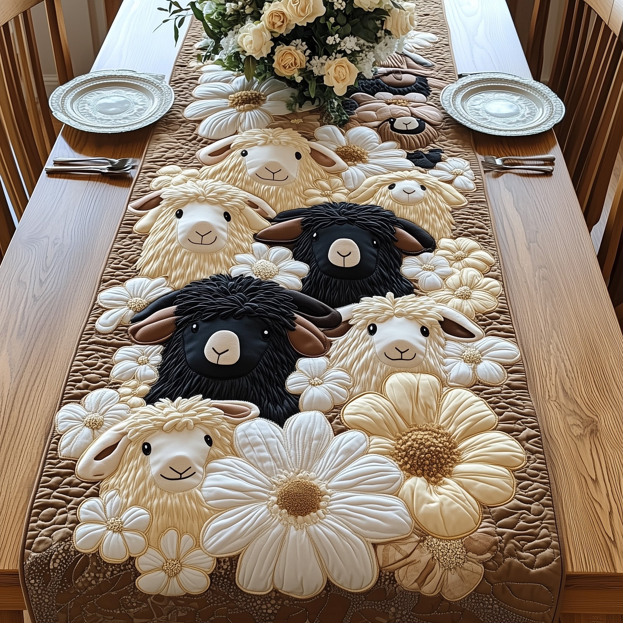 Sheep In Bloom Quilted Table Runner Xmas Table Runner for Family Gatherings