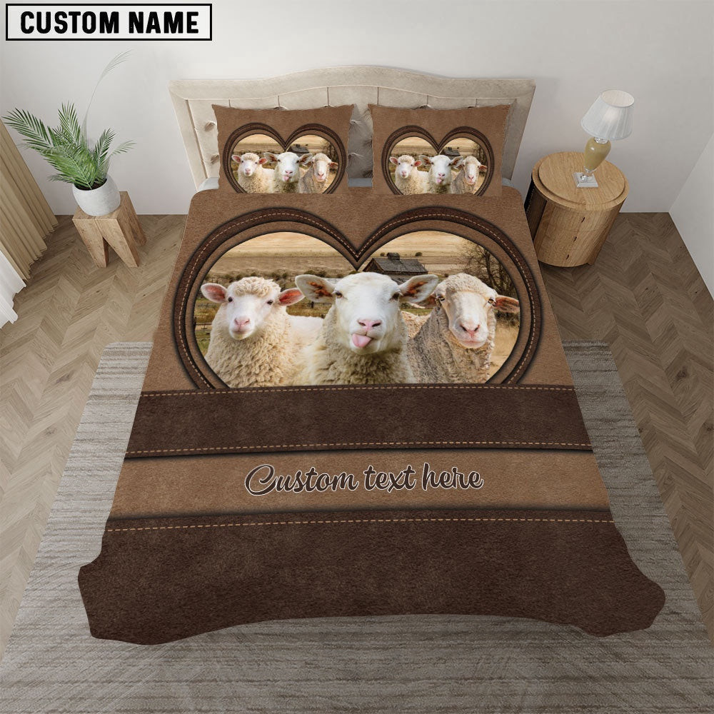 Sheep In Heart Custom Name Bedding Set Farmhouse Bedding Set Couple Gifts