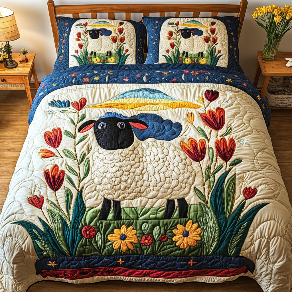 Sheep Meadow Quilted Bedding Set Best Bed Sheet Set Gifts For Sheep Lovers