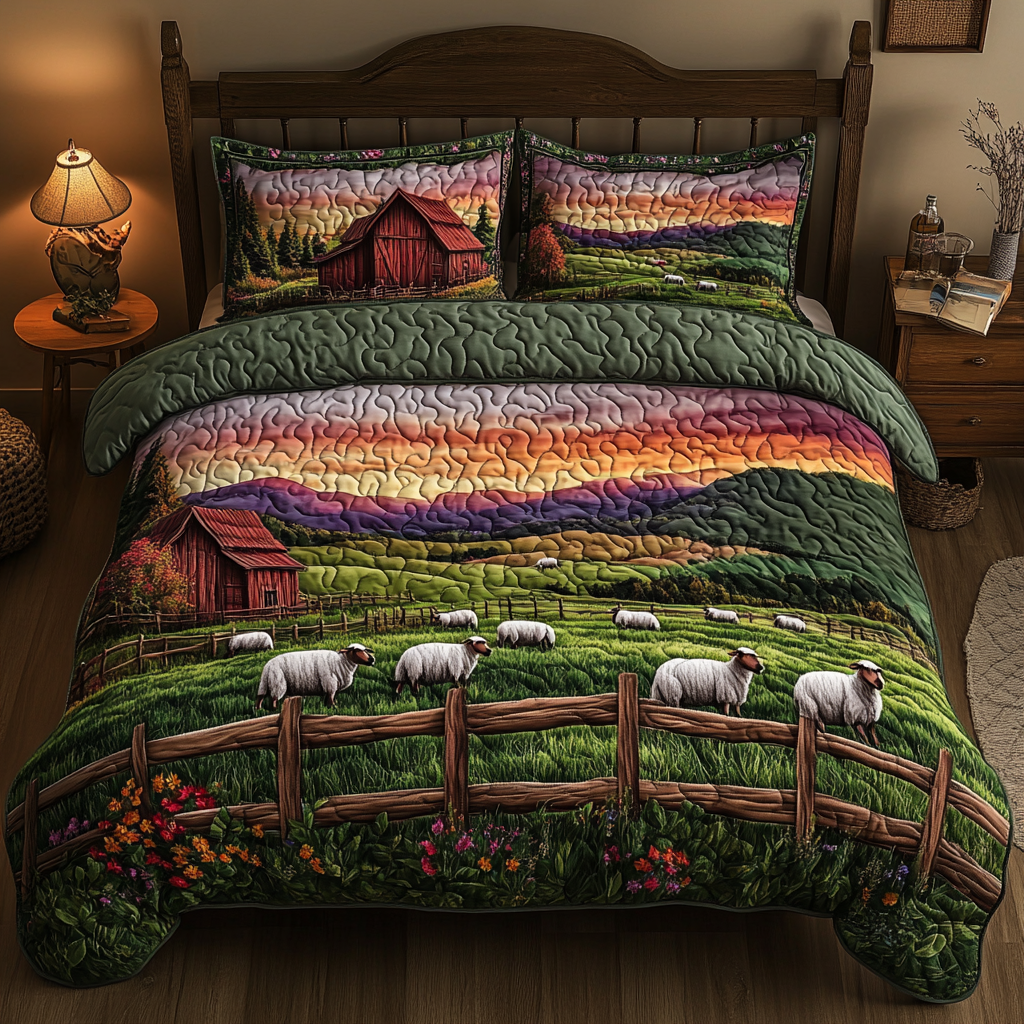 Sheep Meadow Quilted Bedding Set Holiday Duvet Cover Set Sheep Themed Presents