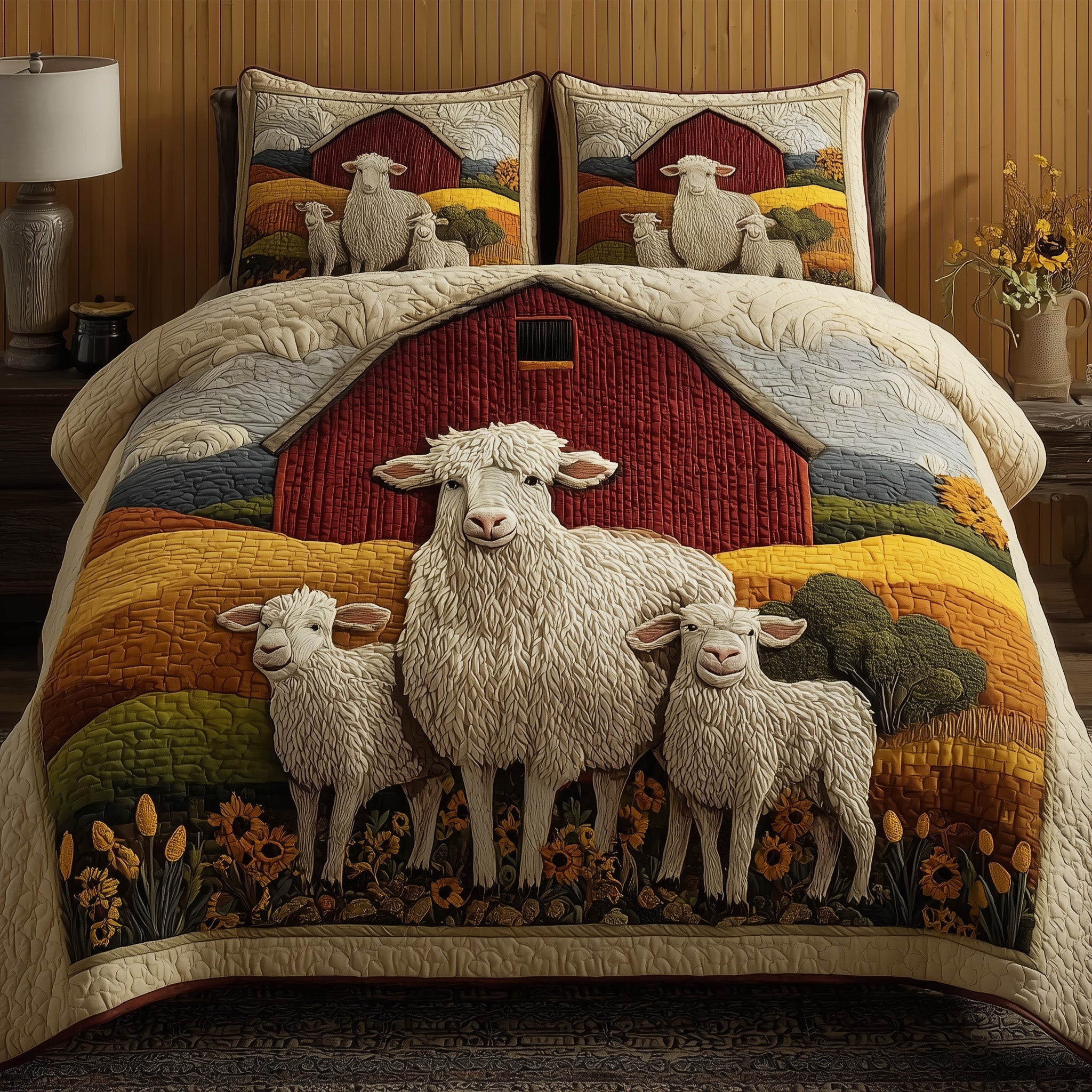 Sheep Quilted Bedding Set Floral Print