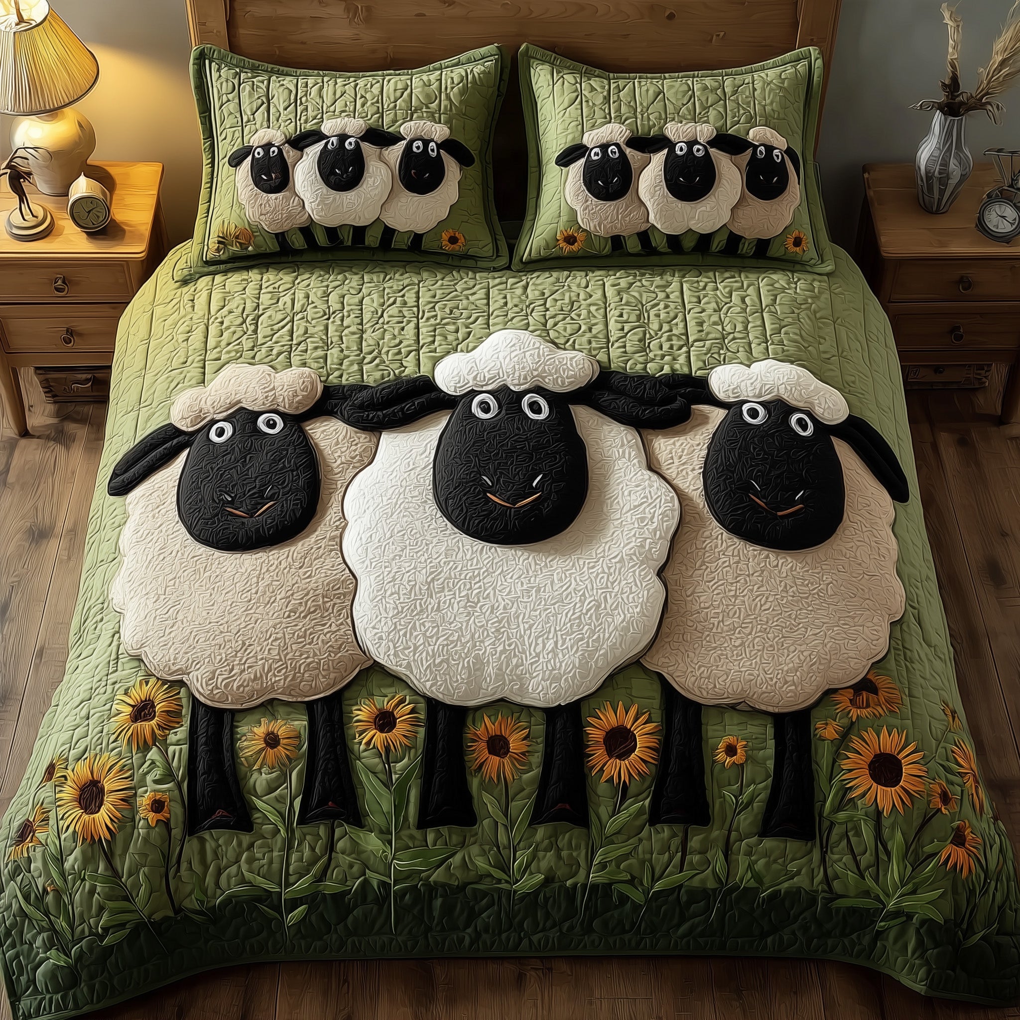 Sheep Quilted Bedding Set Geometrical Pattern