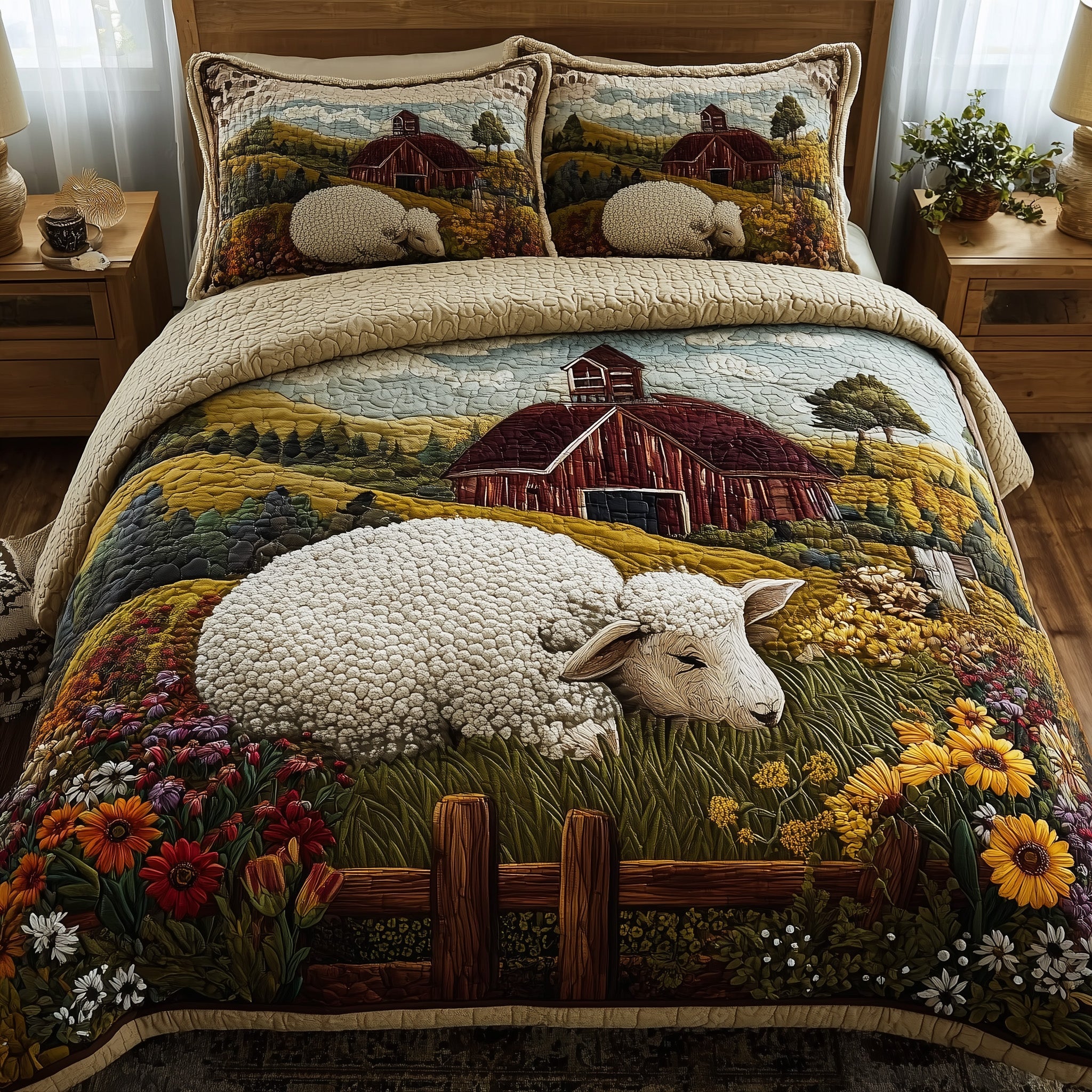 Sheep Quilted Bedding Set Striped Design