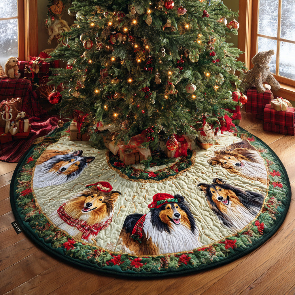 Sheepdog Joy Christmas Quilted Tree Skirt Winter Holiday Decor Gifts For People Who Love Dogs