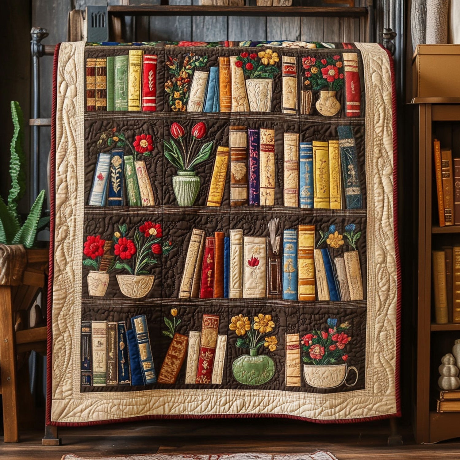 Shelf of Serenity Quilted Blanket Cool Throw Blanket Book Lover Gifts For Women