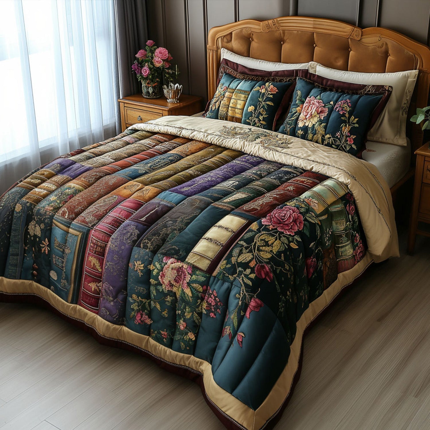 Shelf of Stories Quilted Bedding Set Bed Decor Ideas Book Lover Gifts For Women