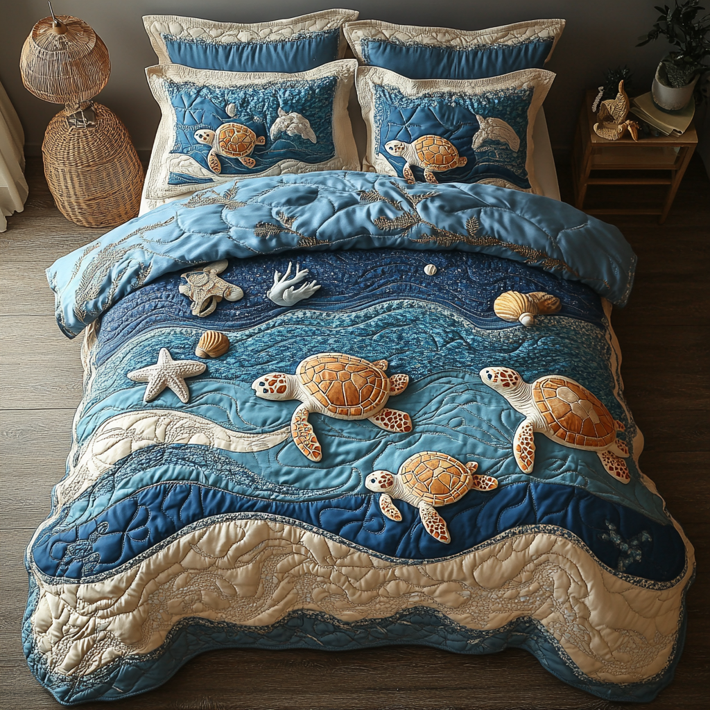 Shell Escape Quilted Bedding Set Bed Decorations Sea Turtle Christmas Gifts