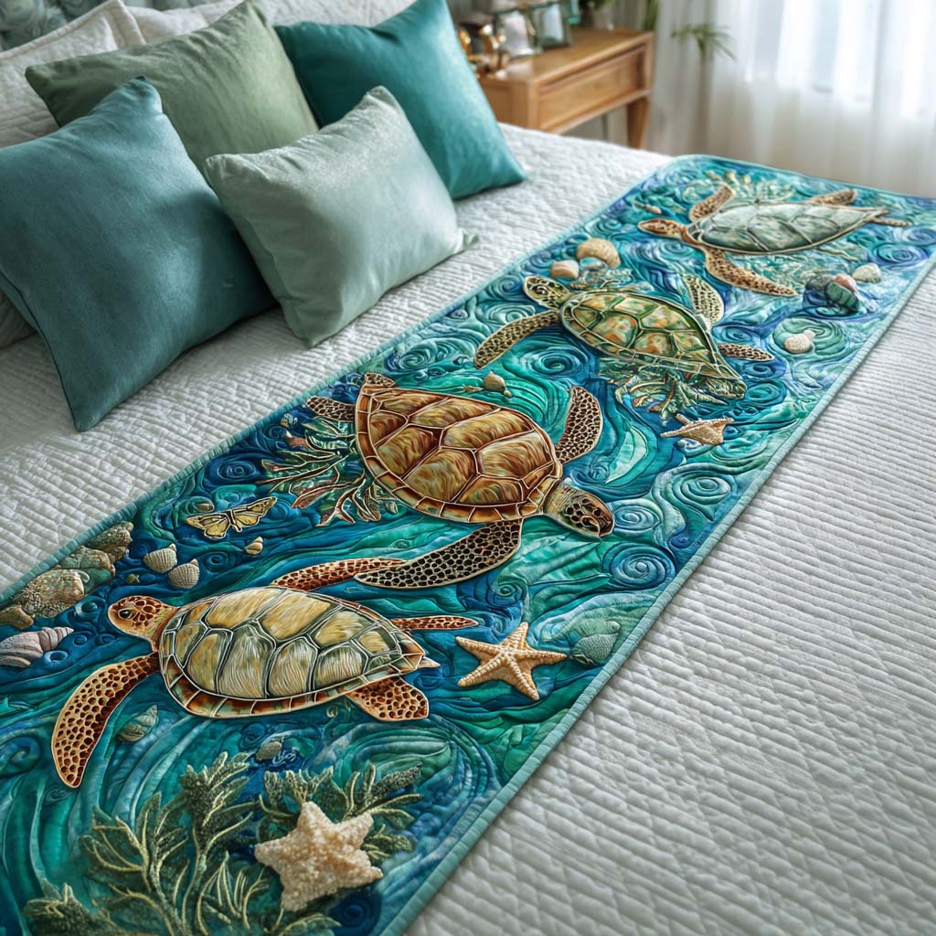 Shell Turtle Bloom Quilted Bed Runner Cute Room Decor Sea Turtle Gift Ideas