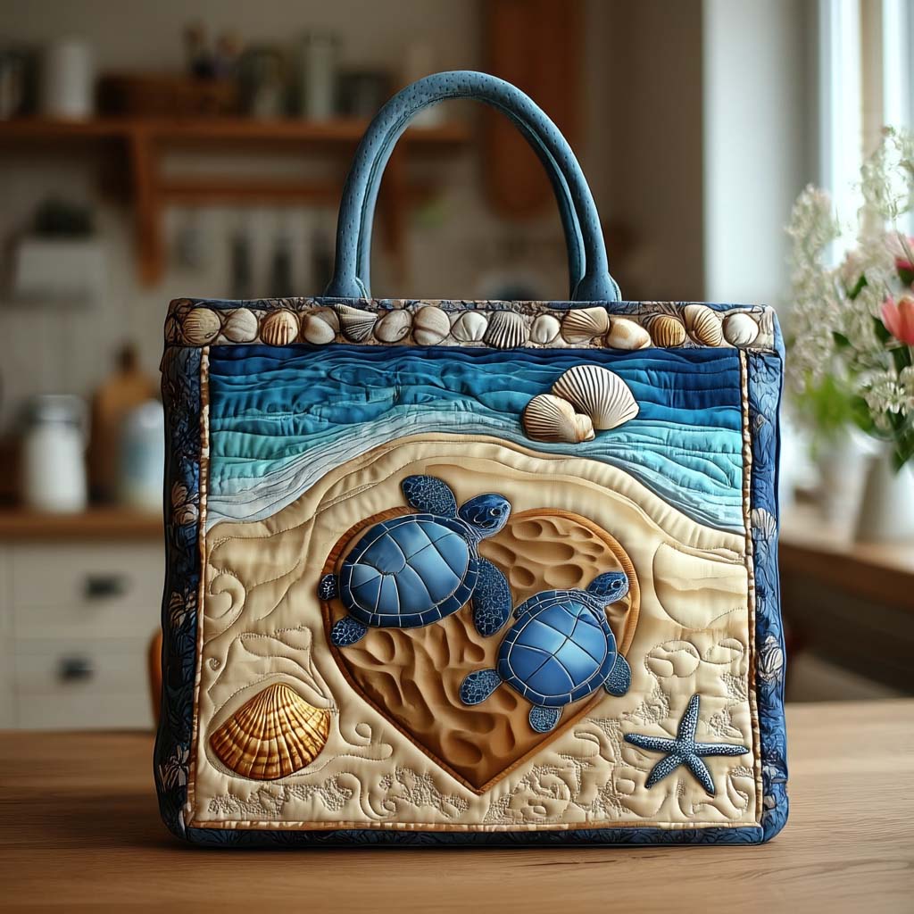 Shell Turtle Hug Quilted Tote Bag Best Gifts For Beach Lovers