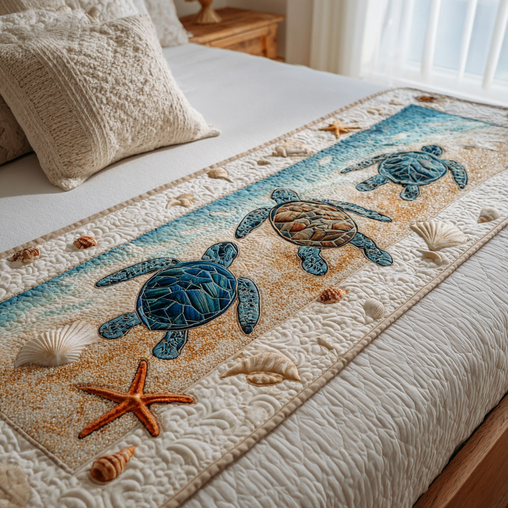 Shell Whisper Quilted Bed Runner Bed Room Decoration Sea Turtle Stuff