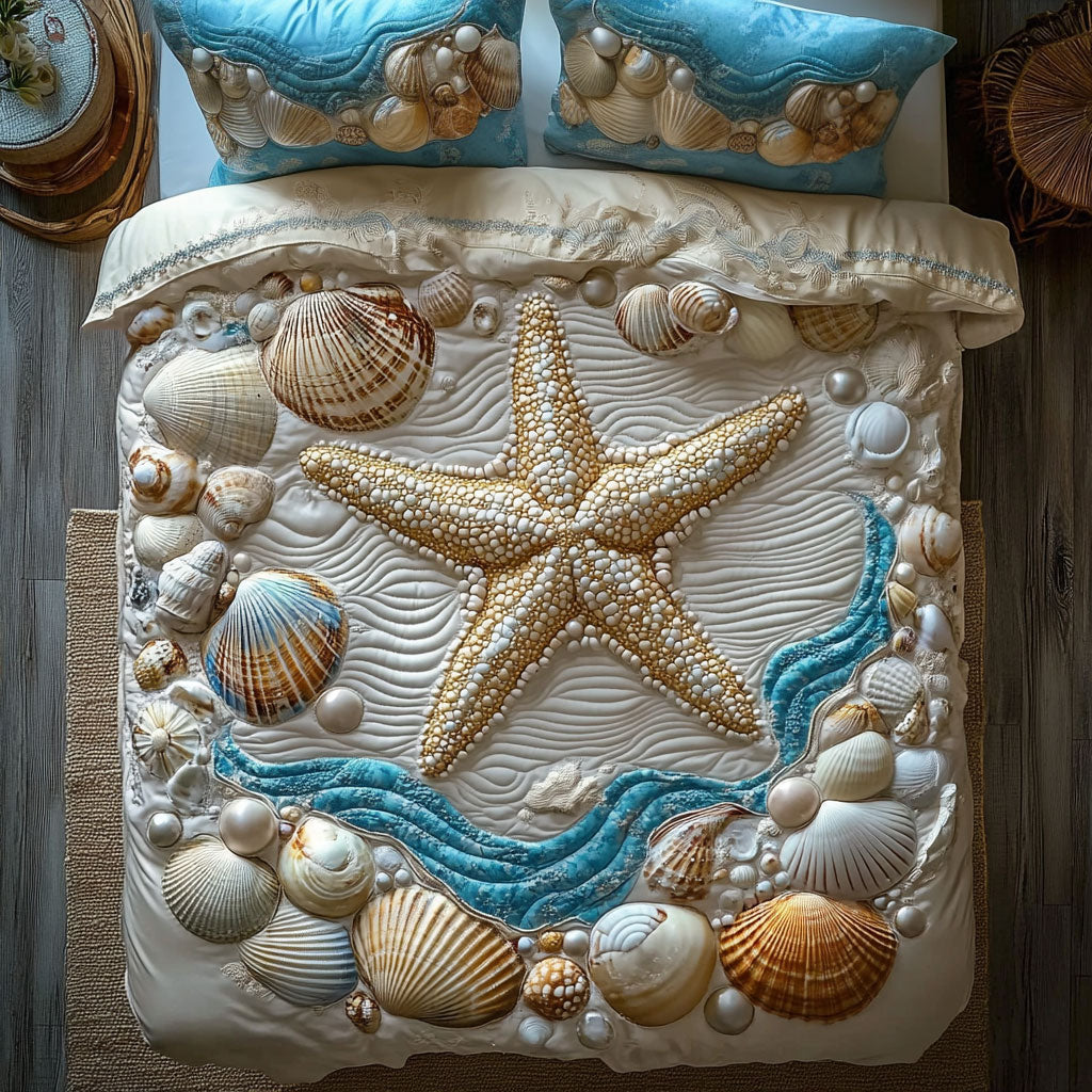 Shellscape Quilt Bedding Set Queen Comforter Ocean Gift for Beach Lovers