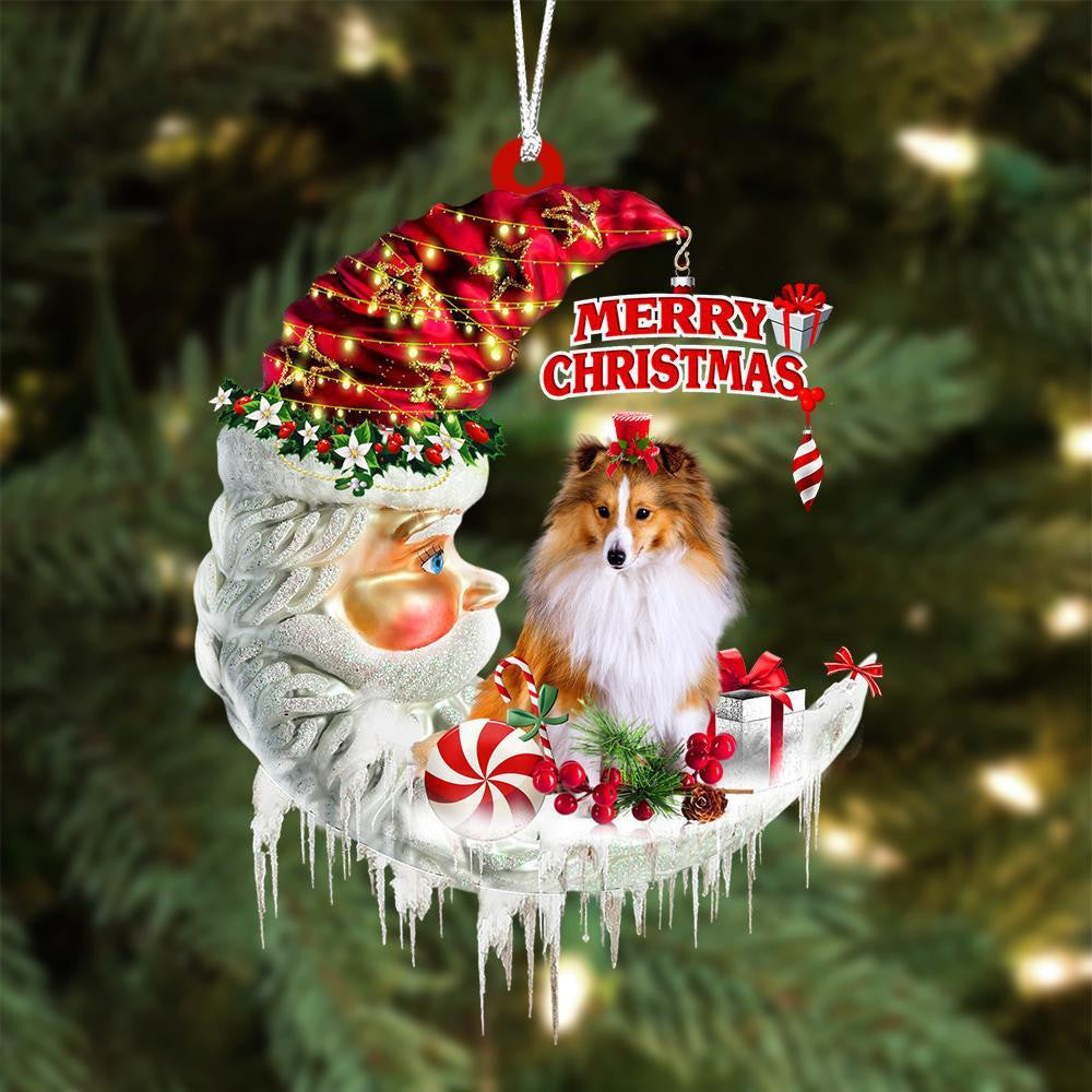Shetland Sheepdog On The Moon Merry Christmas Hanging Ornament Flat Acrylic Dog Ornament