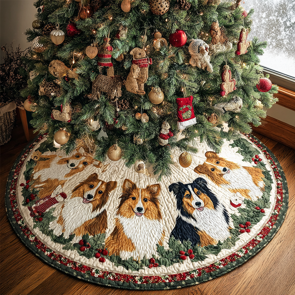 Shetland Sheepdogs Delight Christmas Quilted Tree Skirt Winter Holiday Decor Funny Dog Owner Gifts