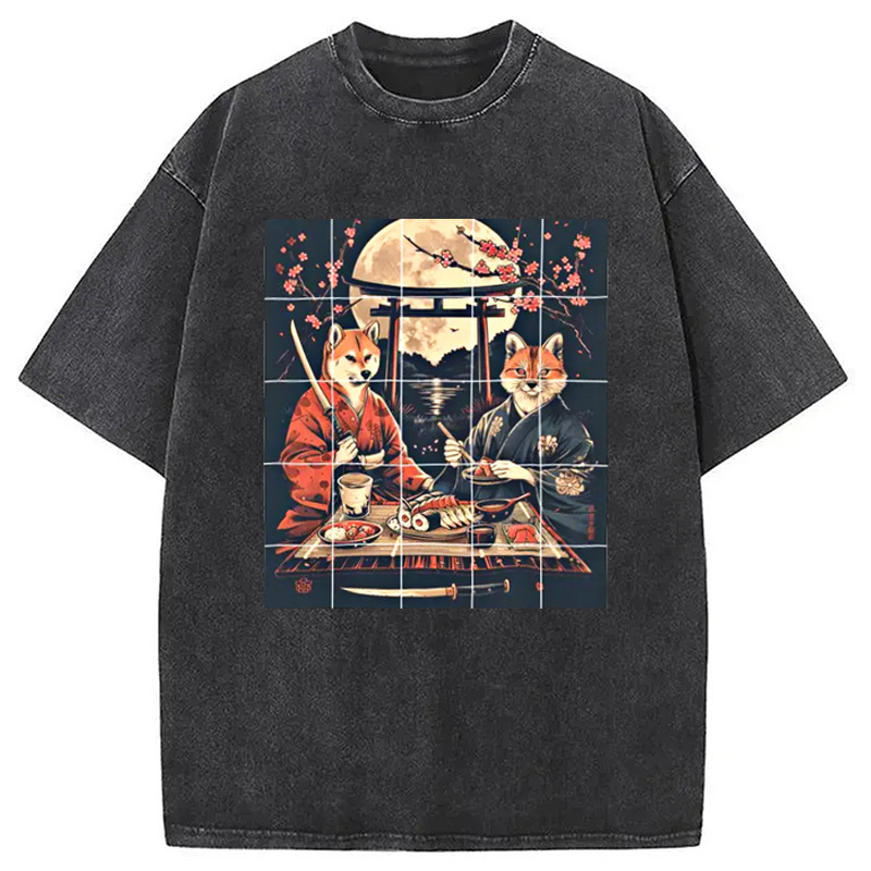 Shiba Inu and Fox Washed T-Shirt Soft Cotton Daily Wear Tee Gifts For BFF