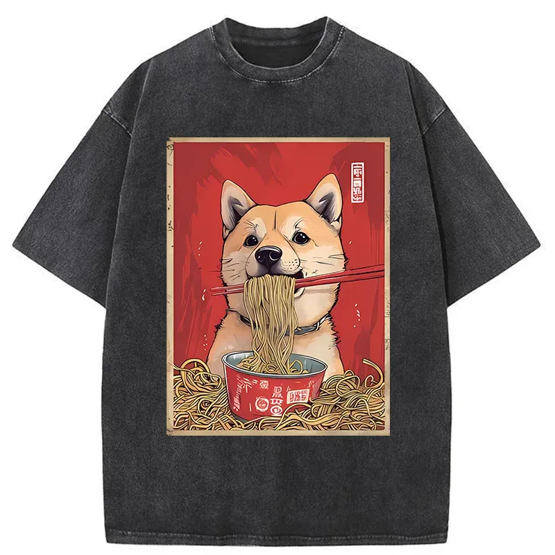 Shiba Lnu Eating Ramen Washed T-Shirt Soft Comfortable Daily T Shirt Gifts For Brother