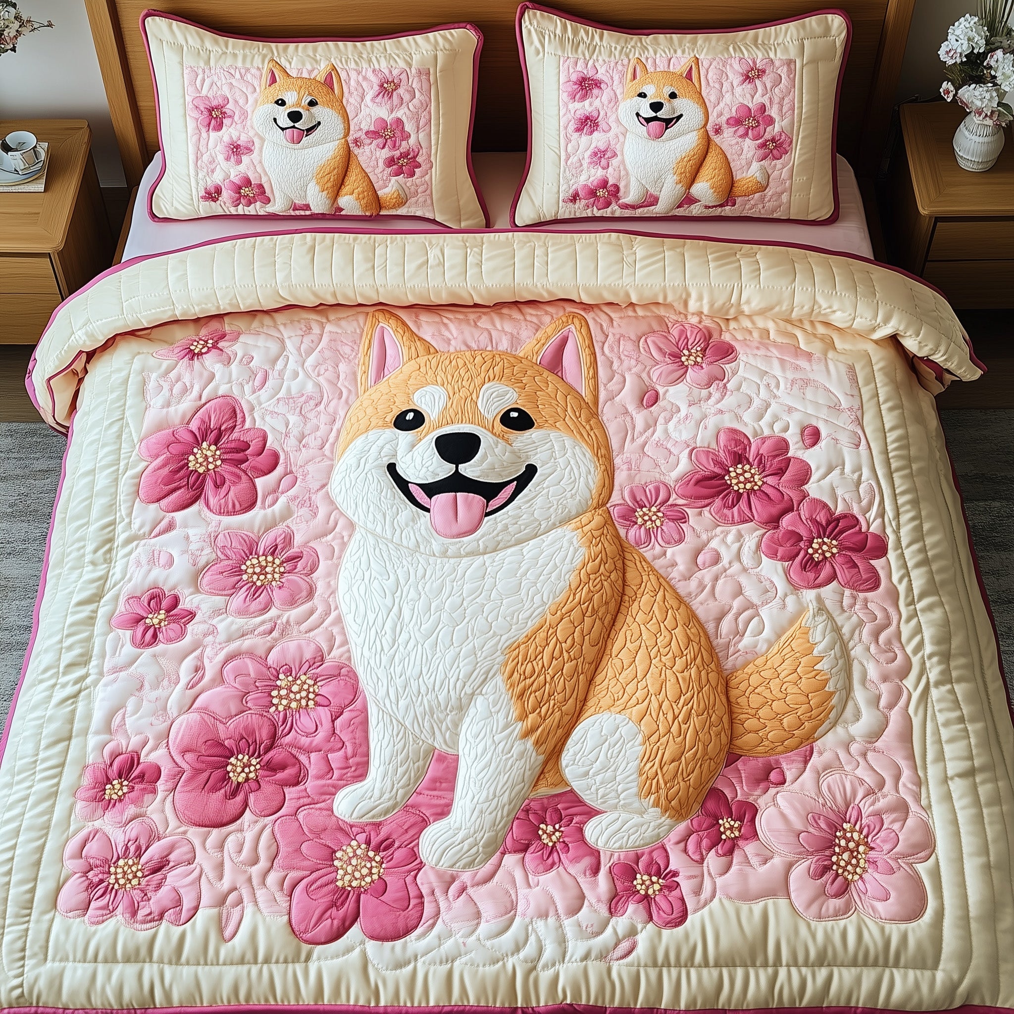 Shiba Quilted Bedding Set Duvet Cover Bedspread Dog Inspired Gifts