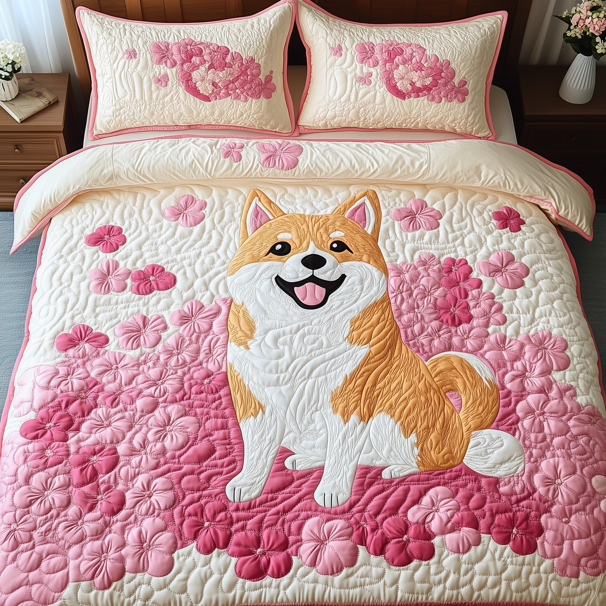 Shiba Quilted Bedding Set Duvet Cover Bedspread Xmas Gifts For Dog Lovers