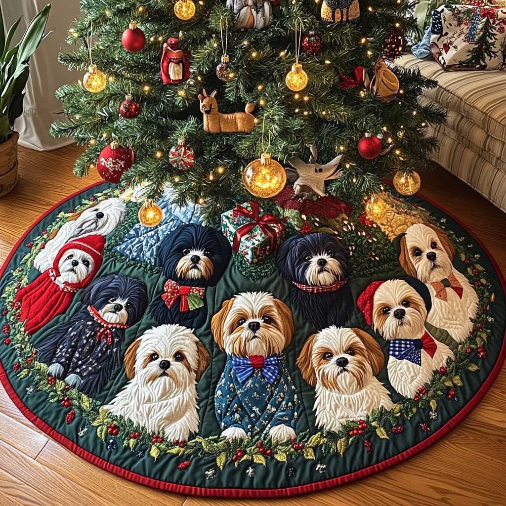 Shih Tzu And Santa Paws Christmas Quilted Tree Skirt Thoughtful Christmas Tree Skirt Gift Idea