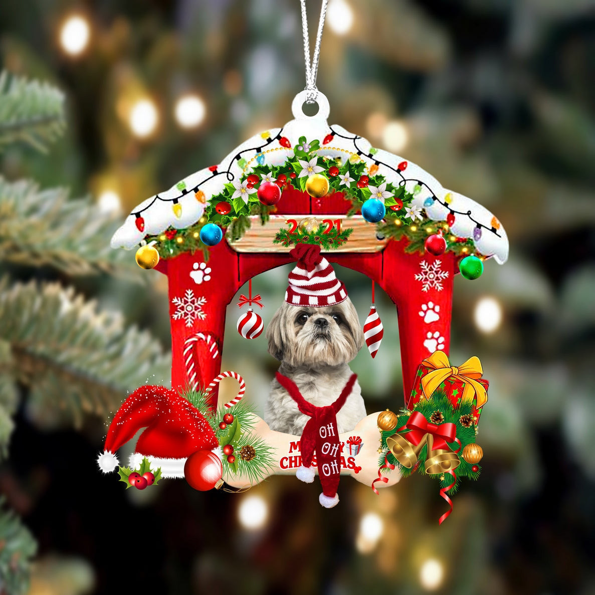 Shih Tzu Christmas House Custom Shaped Two Sided Ornament