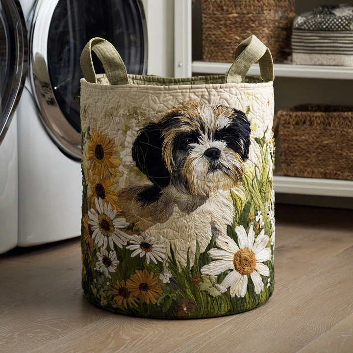 Shih Tzu Daisy Garden Quilted Laundry Basket Dog Mom Home Organizer Best Gift Ideas For Shih Tzu Lovers